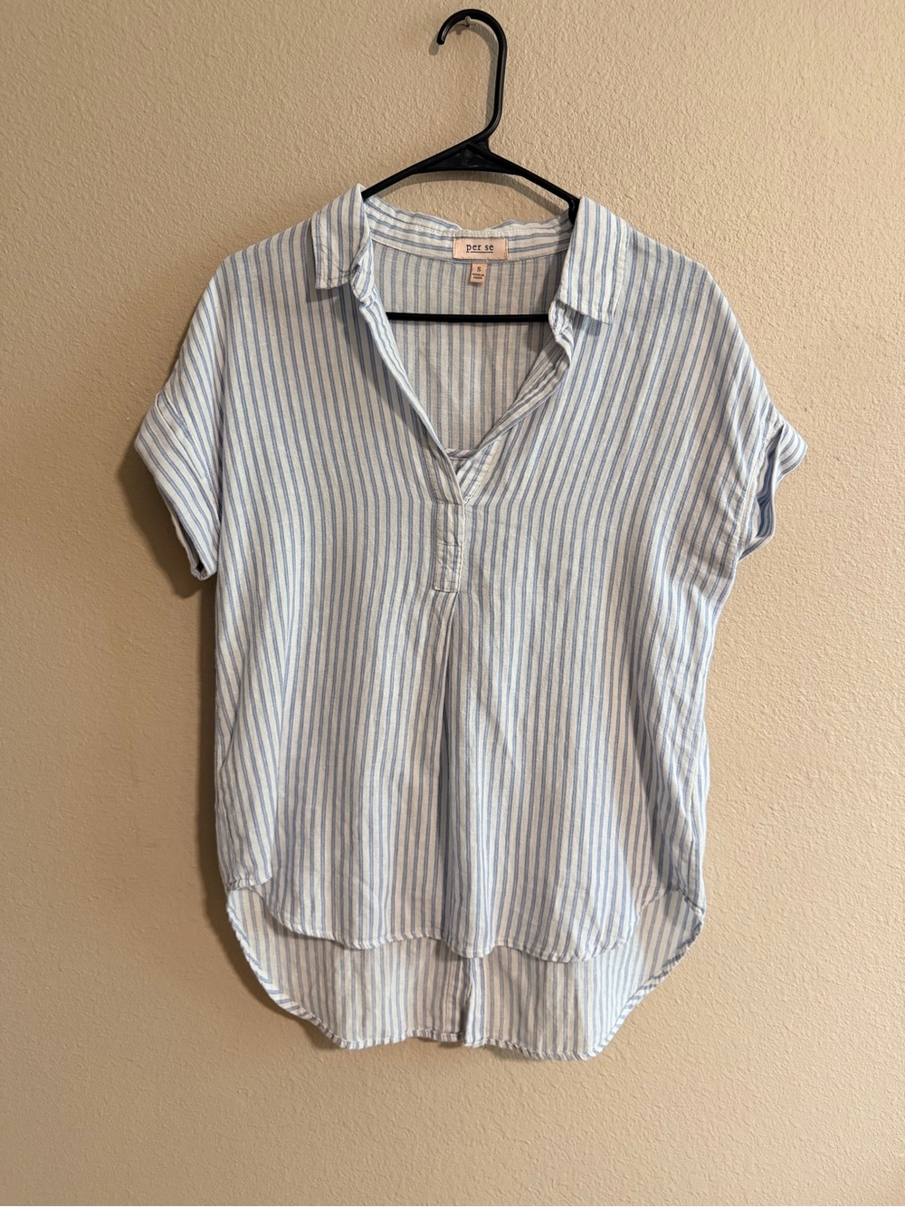 Per Se Linen Cotton Button Back Striped Blouse